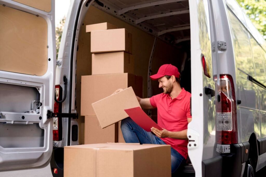 a man managing boxes in a van