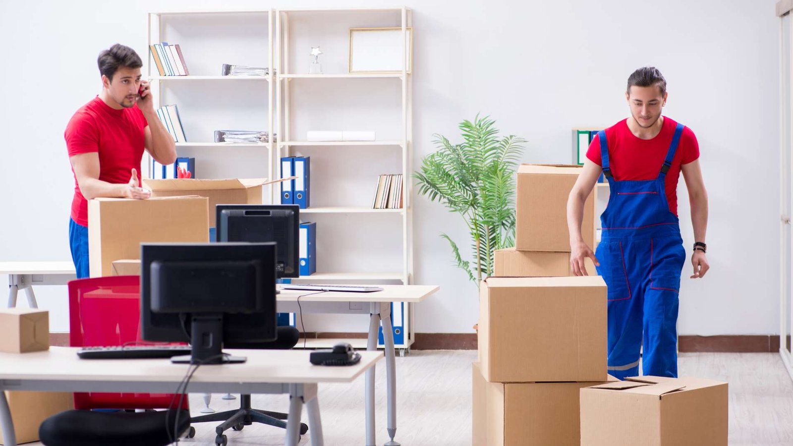 two man managing boxes